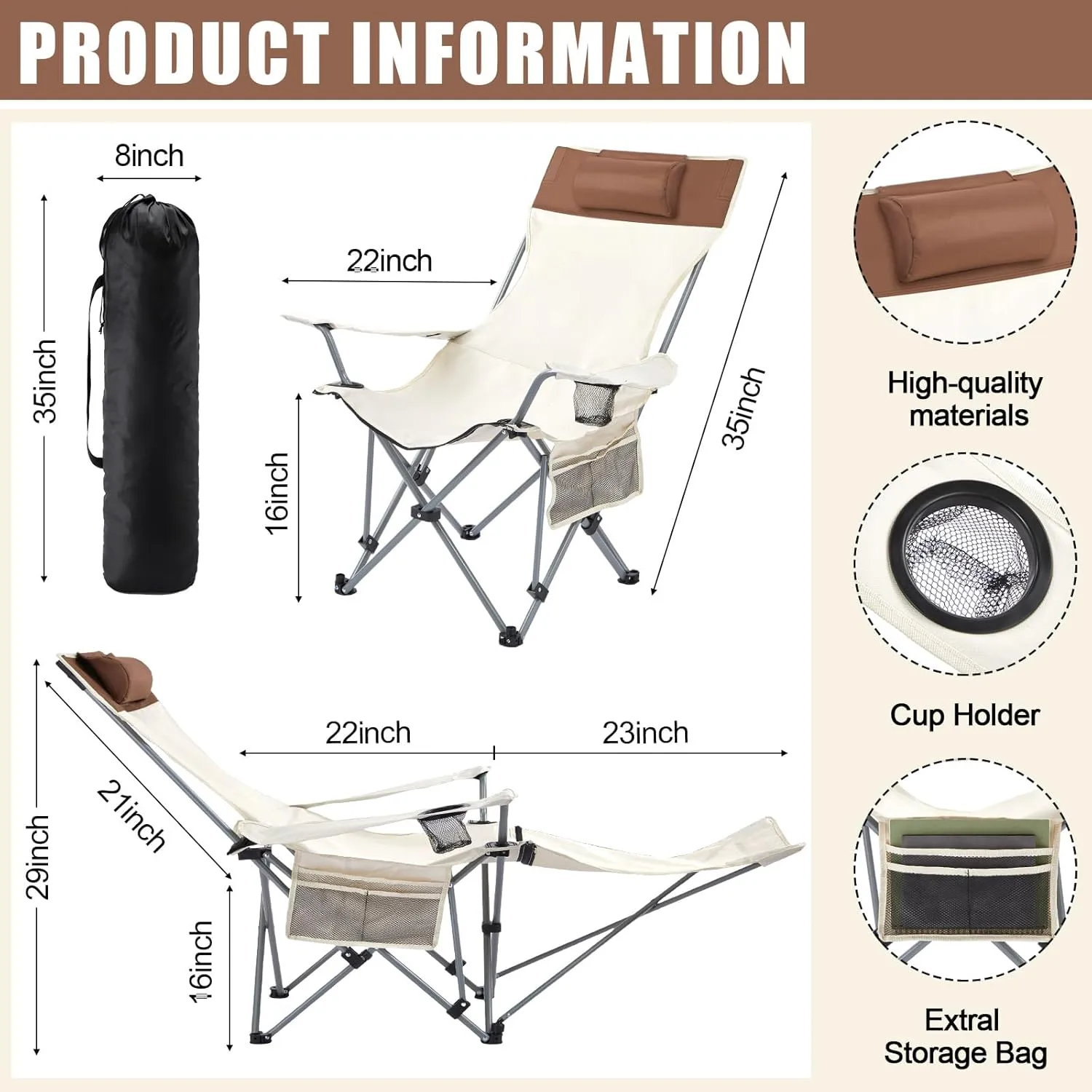 2 Set Reclining Camping Chair with Umbrella for Adult Folding Camping Chair with Foot Rest Adjustable Clamp Canopy Shade, SPF 50 , Lounger for Outdoor Spring Summer Travel(White,Retro)