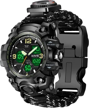 23-in-1 Survival Military Digital Watch, Mens Tactical Multi-Functional and Adjustable Wristband Outdoors Waterproof Sports Dual Dial Watches with Compass Paracord Band