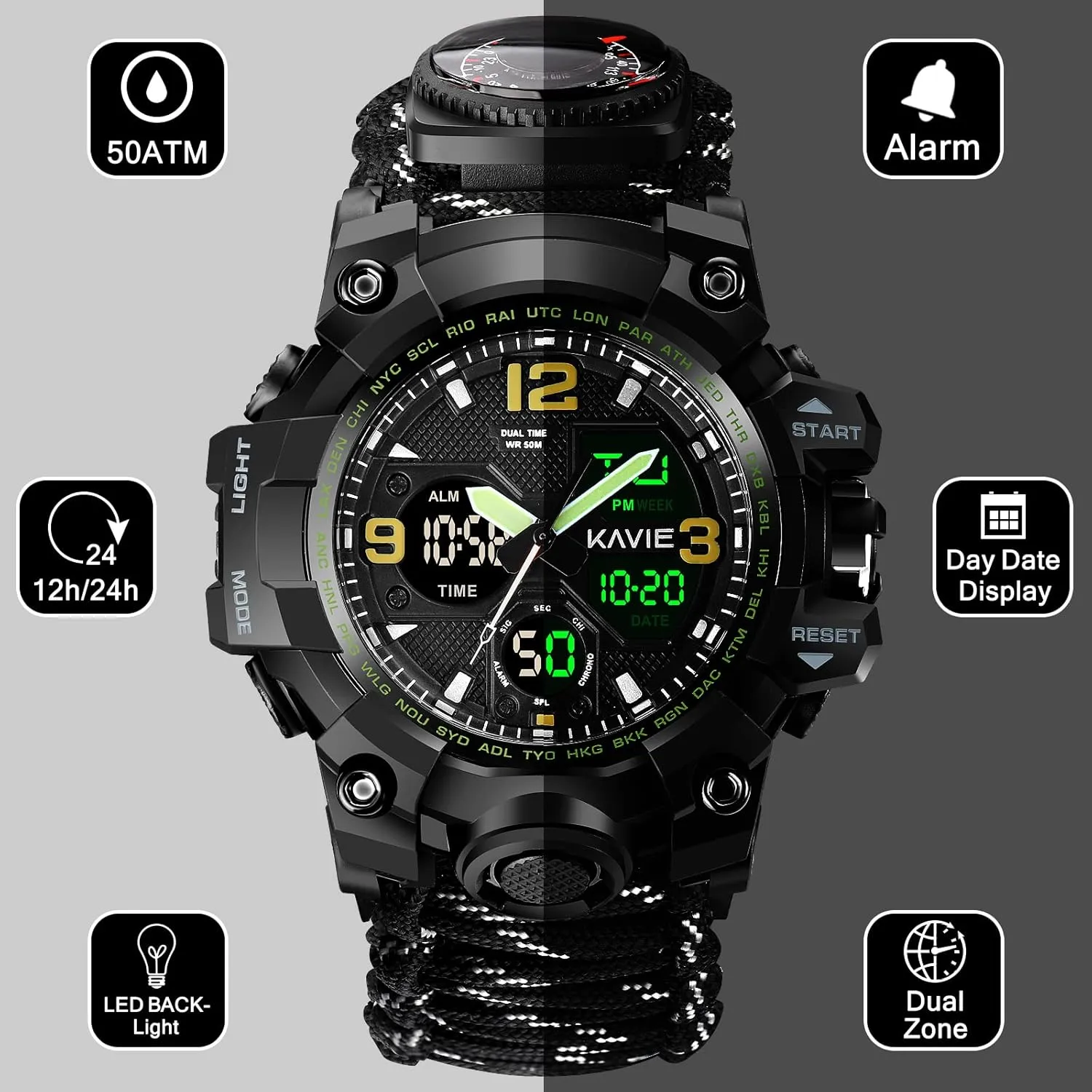 23-in-1 Survival Military Digital Watch, Mens Tactical Multi-Functional and Adjustable Wristband Outdoors Waterproof Sports Dual Dial Watches with Compass Paracord Band