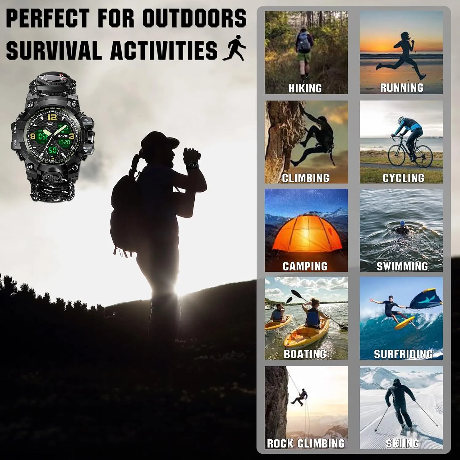 23-in-1 Survival Military Digital Watch, Mens Tactical Multi-Functional and Adjustable Wristband Outdoors Waterproof Sports Dual Dial Watches with Compass Paracord Band