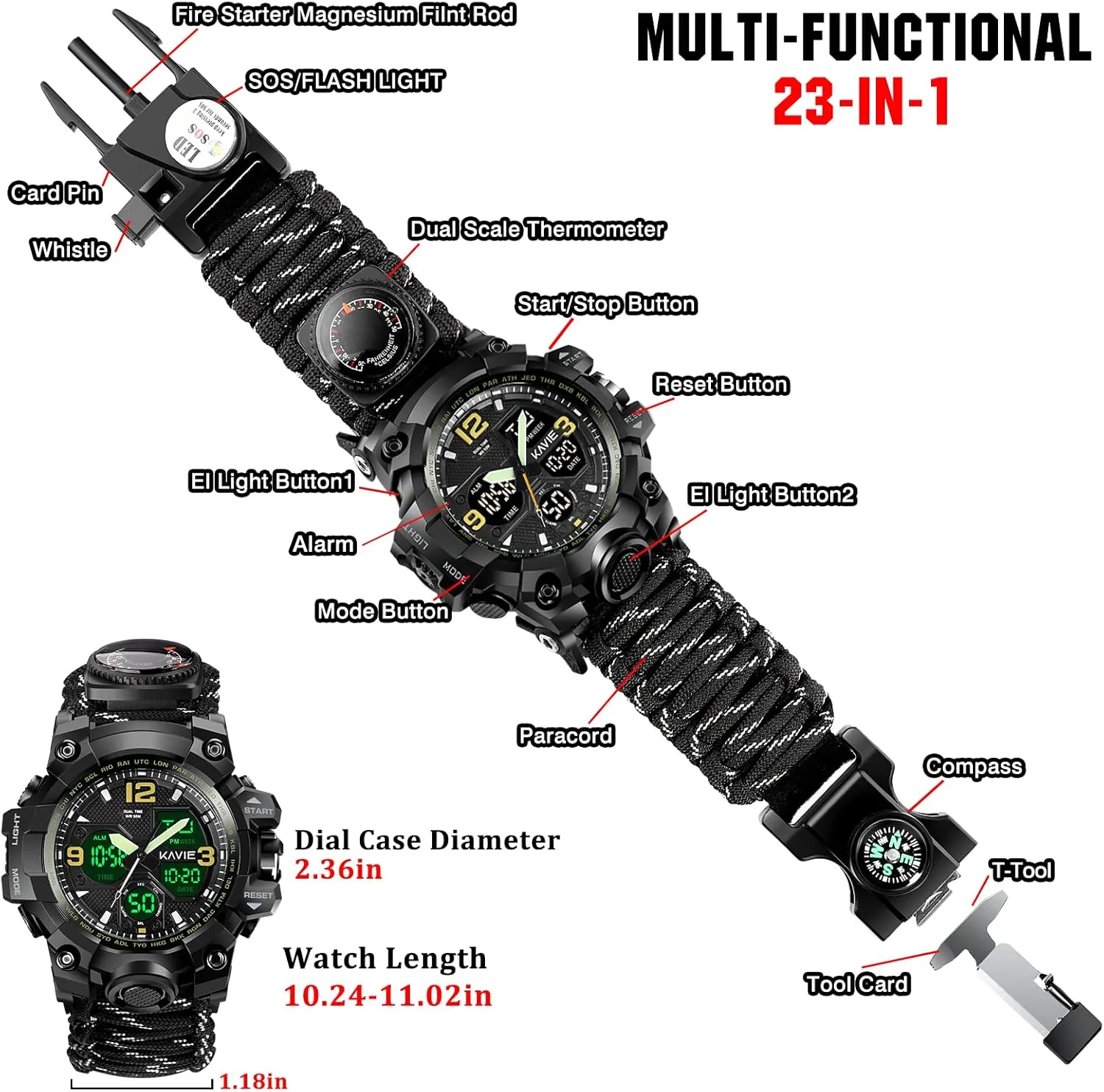 23-in-1 Survival Military Digital Watch, Mens Tactical Multi-Functional and Adjustable Wristband Outdoors Waterproof Sports Dual Dial Watches with Compass Paracord Band