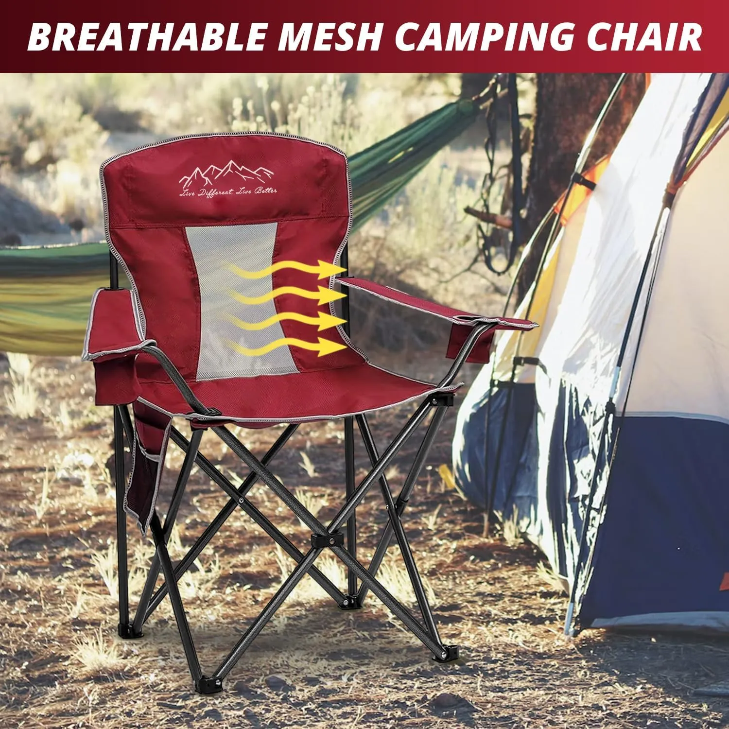 2PCS Mesh Folding Camping Chairs, Oversized Portable Outdoor Chairs, Weight Capacity 325 lbs with Cup Holder, Storage Pocket, Carry Bag Red