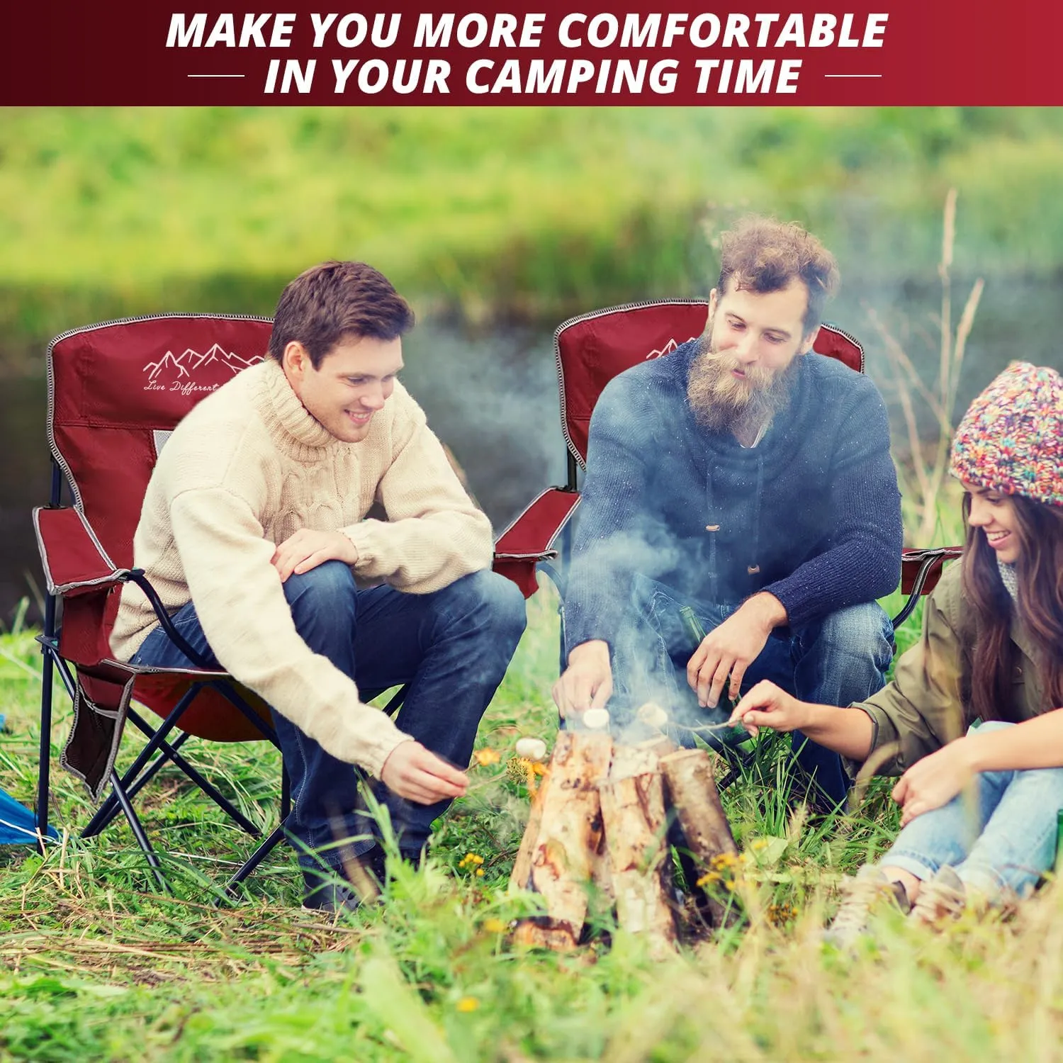 2PCS Mesh Folding Camping Chairs, Oversized Portable Outdoor Chairs, Weight Capacity 325 lbs with Cup Holder, Storage Pocket, Carry Bag Red