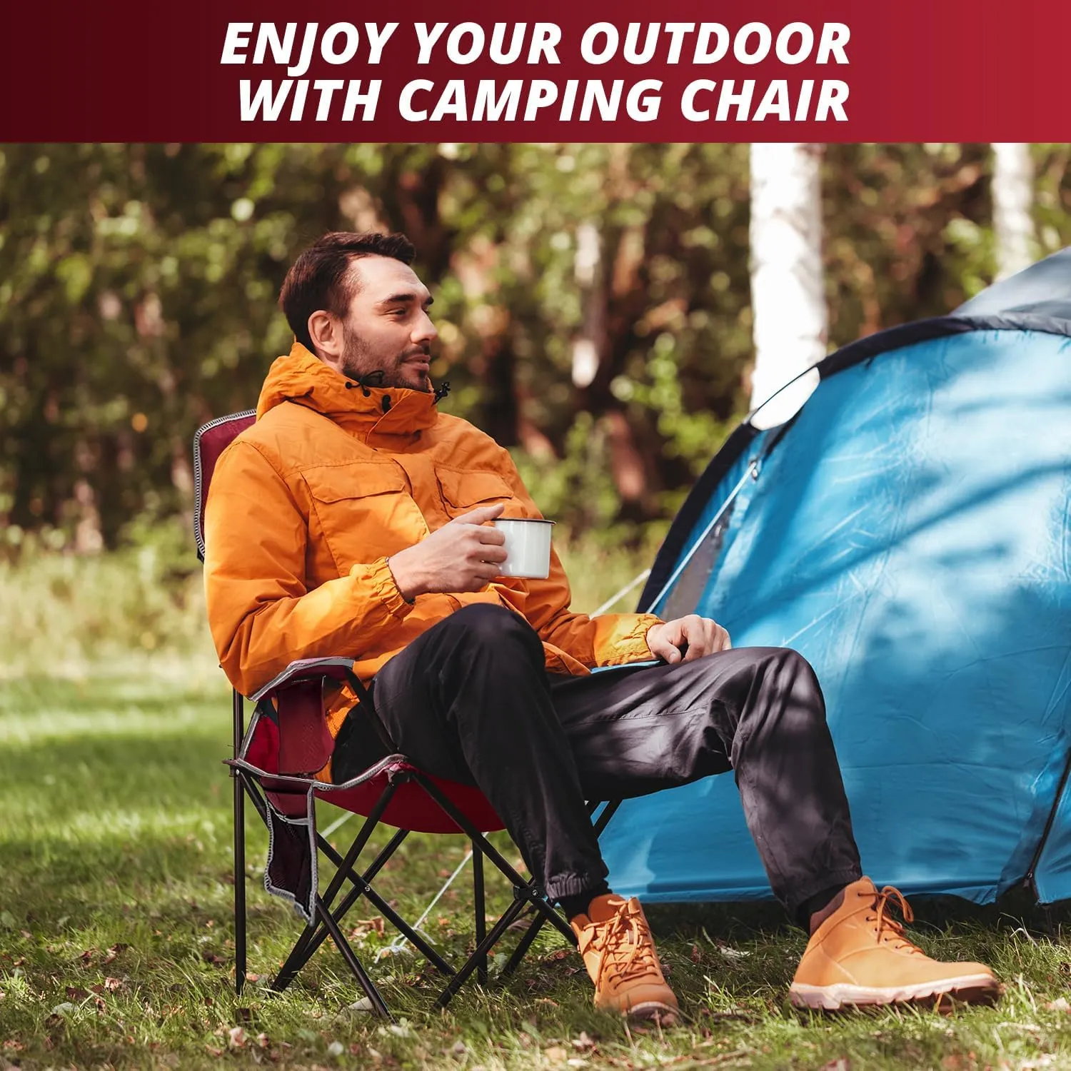 2PCS Mesh Folding Camping Chairs, Oversized Portable Outdoor Chairs, Weight Capacity 325 lbs with Cup Holder, Storage Pocket, Carry Bag Red