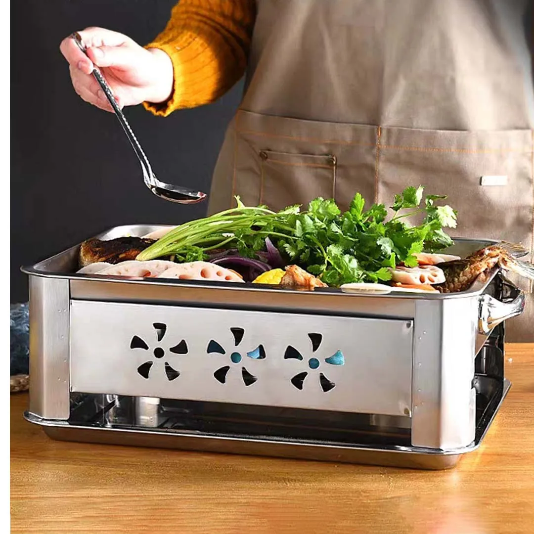 2X 40CM Portable Stainless Steel Outdoor Chafing Dish BBQ Fish Stove Grill Plate