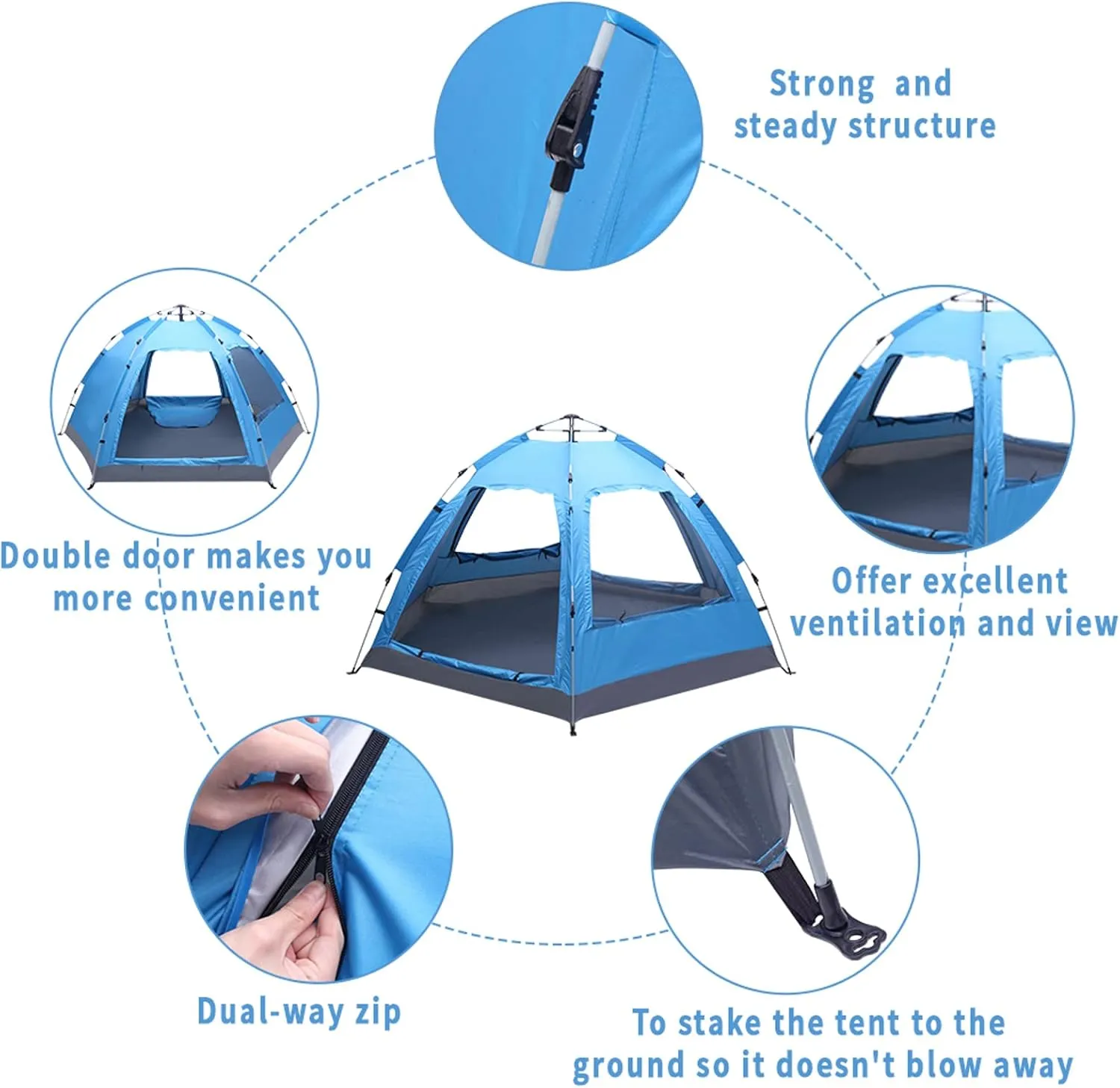 3-4 Person Camping Tent, Automatic Family Tent, All-Weather Instant Pop Up Waterproof Sun Shelter Tents with Mesh Layer and Carrying Bag, Outdoor Beach Tents for Hiking Travel Activities