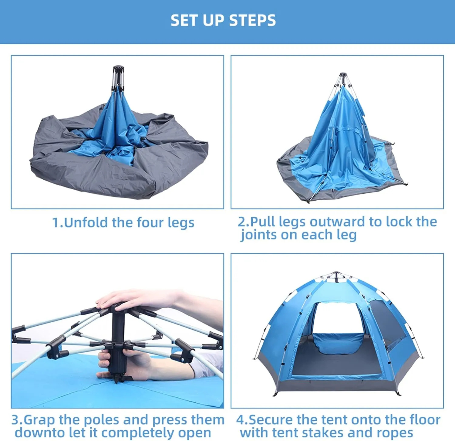 3-4 Person Camping Tent, Automatic Family Tent, All-Weather Instant Pop Up Waterproof Sun Shelter Tents with Mesh Layer and Carrying Bag, Outdoor Beach Tents for Hiking Travel Activities