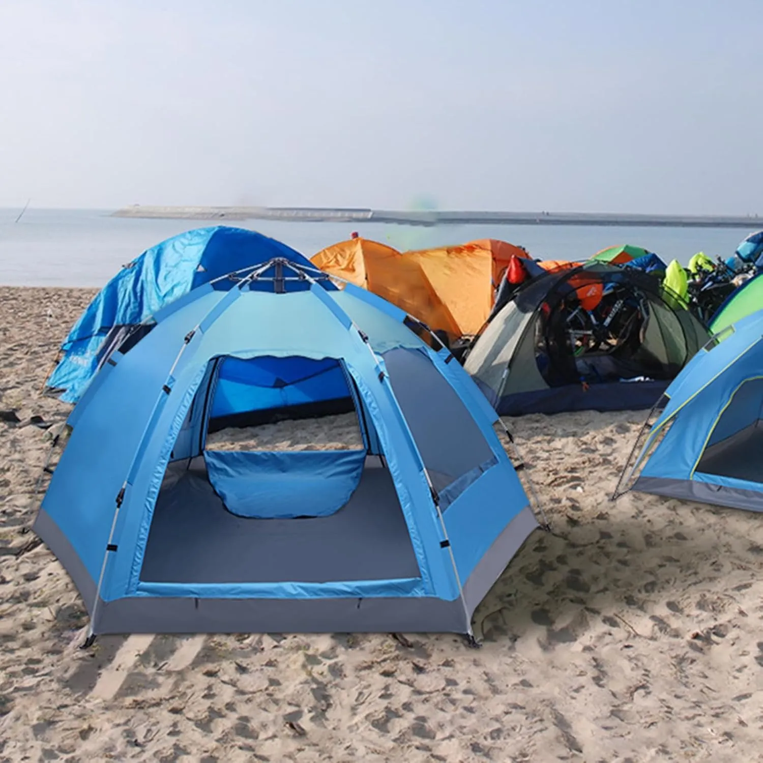3-4 Person Camping Tent, Automatic Family Tent, All-Weather Instant Pop Up Waterproof Sun Shelter Tents with Mesh Layer and Carrying Bag, Outdoor Beach Tents for Hiking Travel Activities