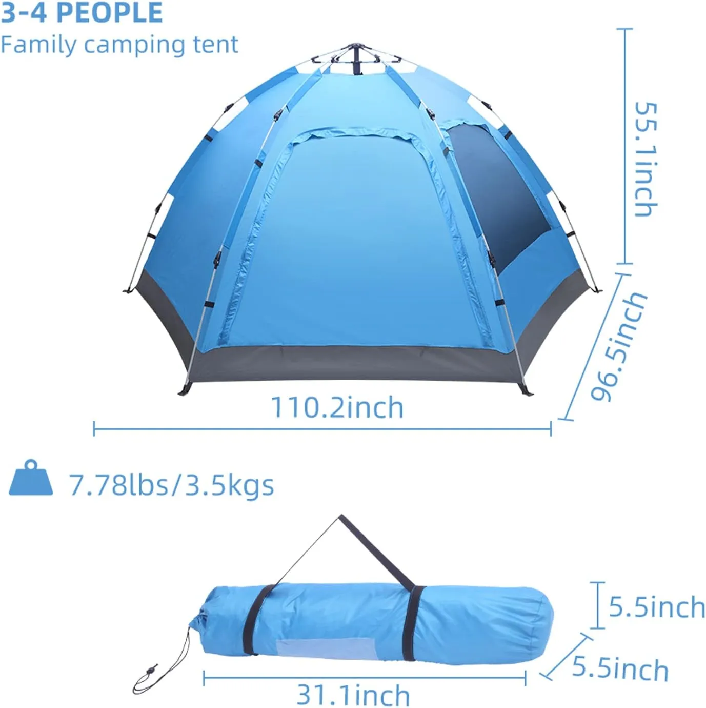 3-4 Person Camping Tent, Automatic Family Tent, All-Weather Instant Pop Up Waterproof Sun Shelter Tents with Mesh Layer and Carrying Bag, Outdoor Beach Tents for Hiking Travel Activities