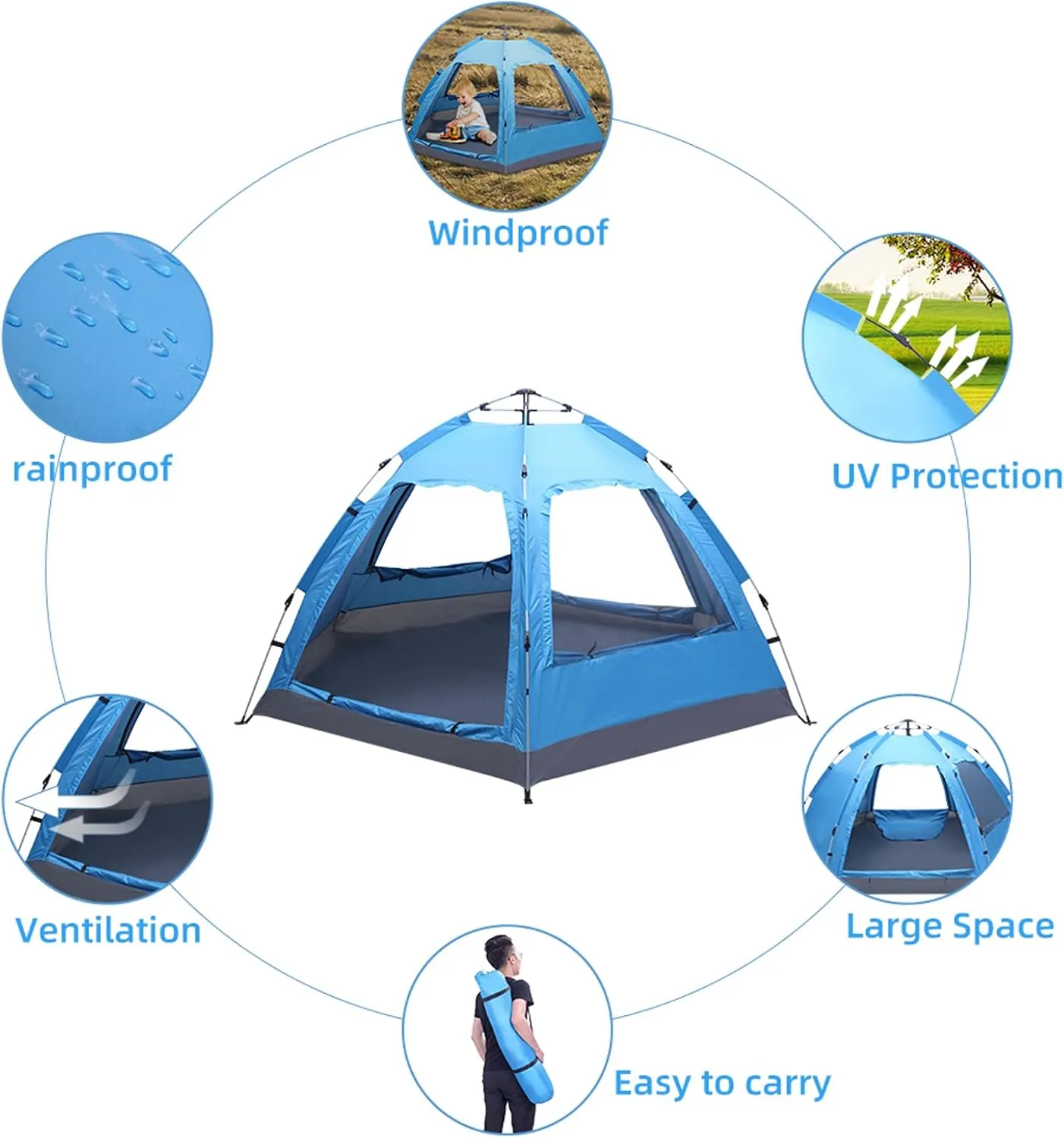 3-4 Person Camping Tent, Automatic Family Tent, All-Weather Instant Pop Up Waterproof Sun Shelter Tents with Mesh Layer and Carrying Bag, Outdoor Beach Tents for Hiking Travel Activities