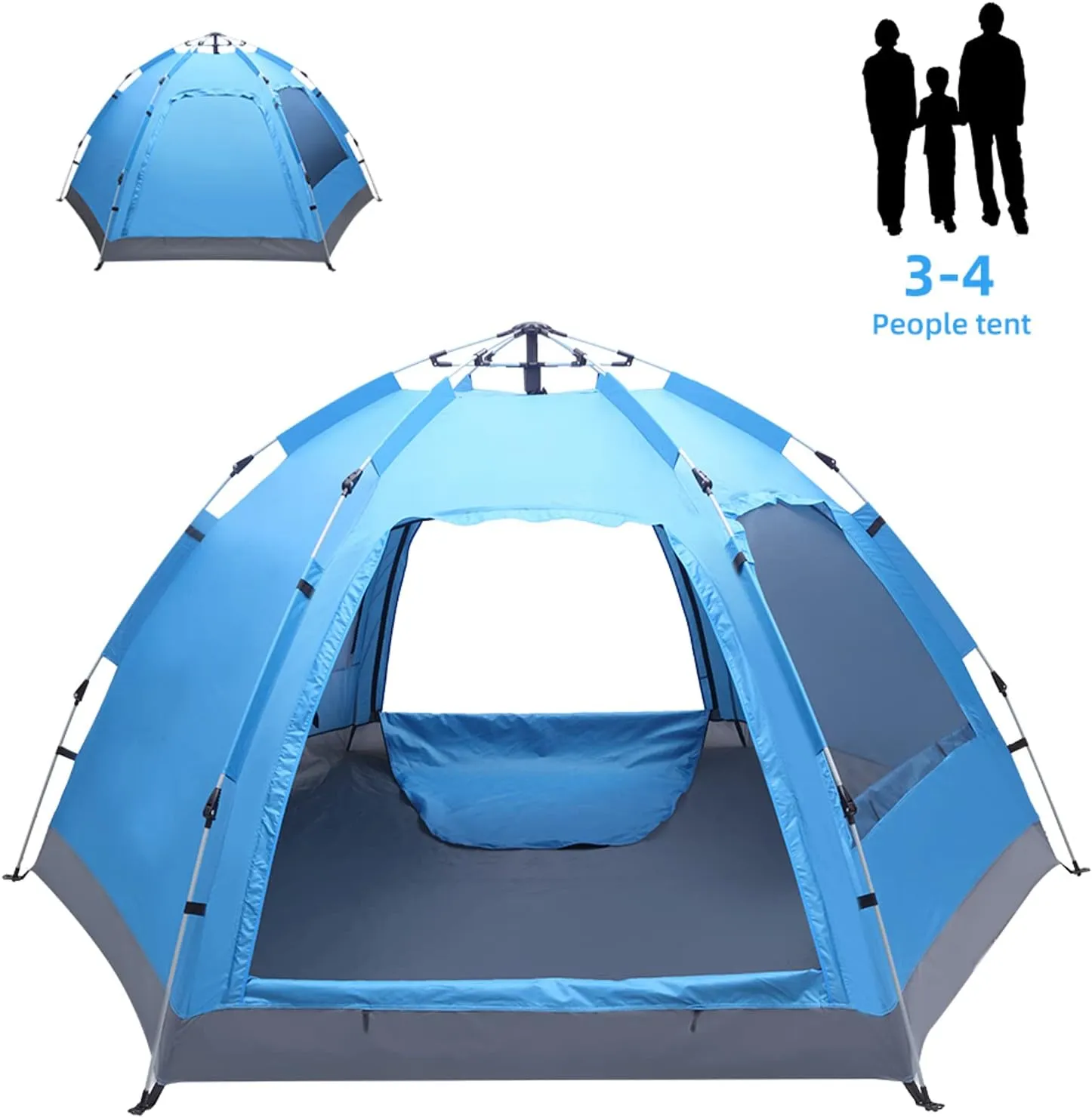 3-4 Person Camping Tent, Automatic Family Tent, All-Weather Instant Pop Up Waterproof Sun Shelter Tents with Mesh Layer and Carrying Bag, Outdoor Beach Tents for Hiking Travel Activities