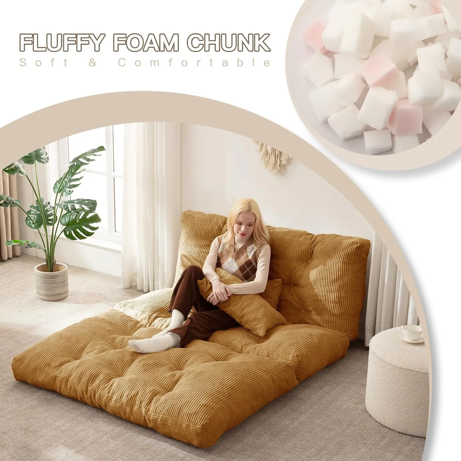 3 Folding Bean Bag Bed Convertible Lazy Sofa Bed Foldable Sofa Chair Bed Convertible Matter with Pillow, Portable Fold Chair Folding Floor Couch for Living Room, Bedroom,Yellow (Full)