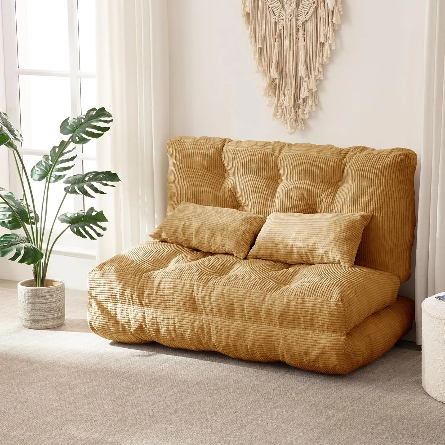3 Folding Bean Bag Bed Convertible Lazy Sofa Bed Foldable Sofa Chair Bed Convertible Matter with Pillow, Portable Fold Chair Folding Floor Couch for Living Room, Bedroom,Yellow (Full)