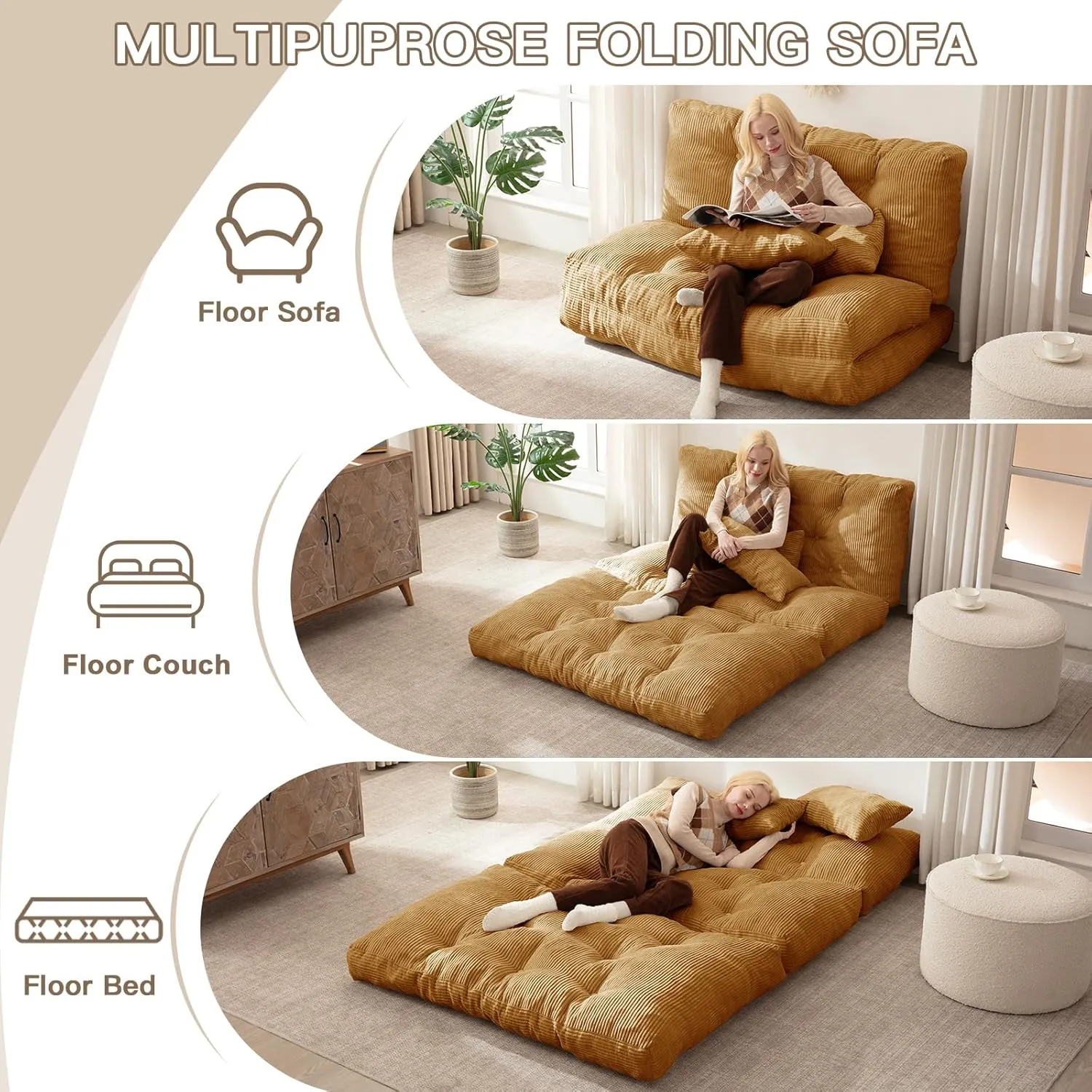 3 Folding Bean Bag Bed Convertible Lazy Sofa Bed Foldable Sofa Chair Bed Convertible Matter with Pillow, Portable Fold Chair Folding Floor Couch for Living Room, Bedroom,Yellow (Full)