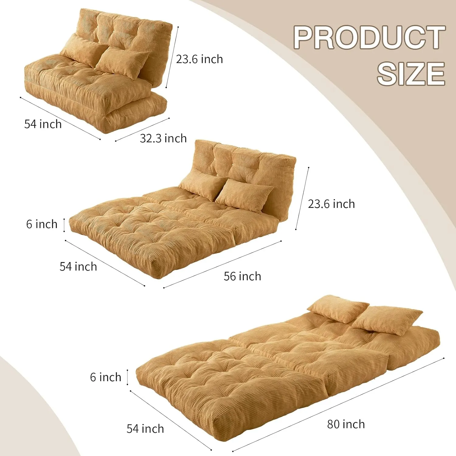 3 Folding Bean Bag Bed Convertible Lazy Sofa Bed Foldable Sofa Chair Bed Convertible Matter with Pillow, Portable Fold Chair Folding Floor Couch for Living Room, Bedroom,Yellow (Full)