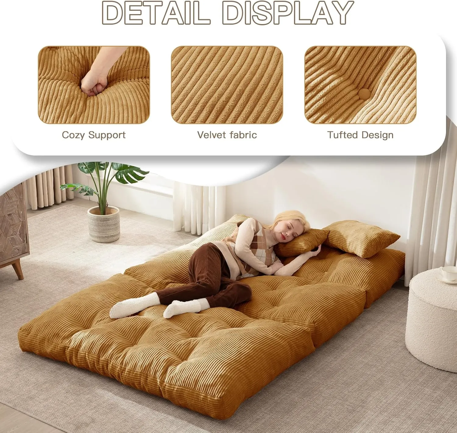 3 Folding Bean Bag Bed Convertible Lazy Sofa Bed Foldable Sofa Chair Bed Convertible Matter with Pillow, Portable Fold Chair Folding Floor Couch for Living Room, Bedroom,Yellow (Full)