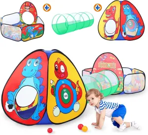 3 in 1 Dinosaur Kids Play Tent for Toddler with Baby Ball Pit and Play Tunnel, Children Indoor Outdoor Dinosaur Playhouse with Crawling Tunnel, Birthday Chiristmas Gifts Toys