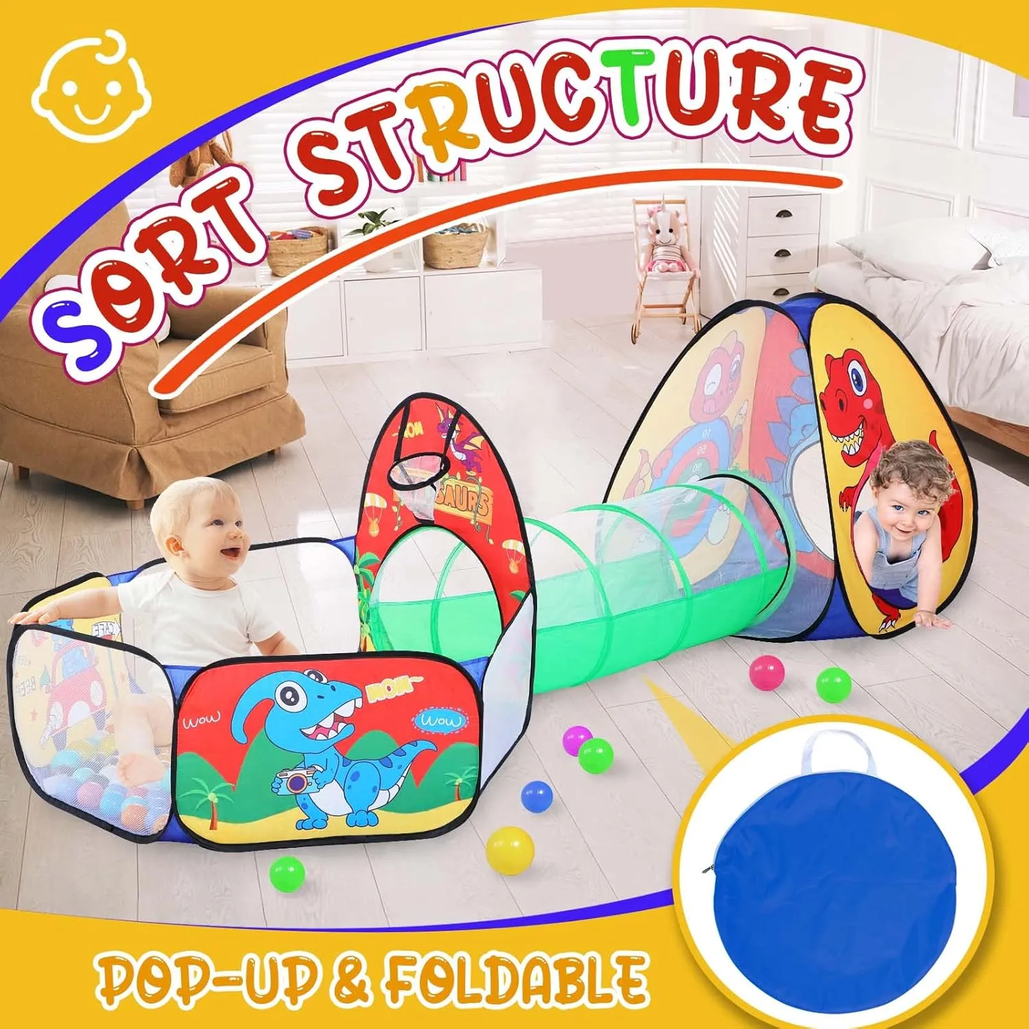 3 in 1 Dinosaur Kids Play Tent for Toddler with Baby Ball Pit and Play Tunnel, Children Indoor Outdoor Dinosaur Playhouse with Crawling Tunnel, Birthday Chiristmas Gifts Toys