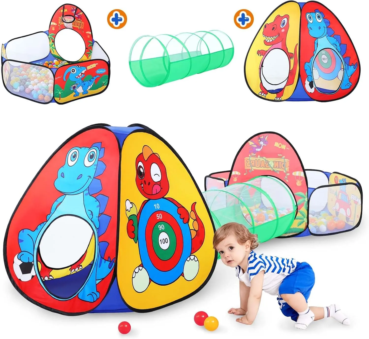 3 in 1 Dinosaur Kids Play Tent for Toddler with Baby Ball Pit and Play Tunnel, Children Indoor Outdoor Dinosaur Playhouse with Crawling Tunnel, Birthday Chiristmas Gifts Toys