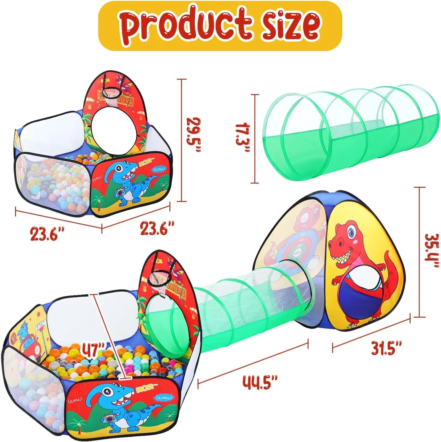3 in 1 Dinosaur Kids Play Tent for Toddler with Baby Ball Pit and Play Tunnel, Children Indoor Outdoor Dinosaur Playhouse with Crawling Tunnel, Birthday Chiristmas Gifts Toys