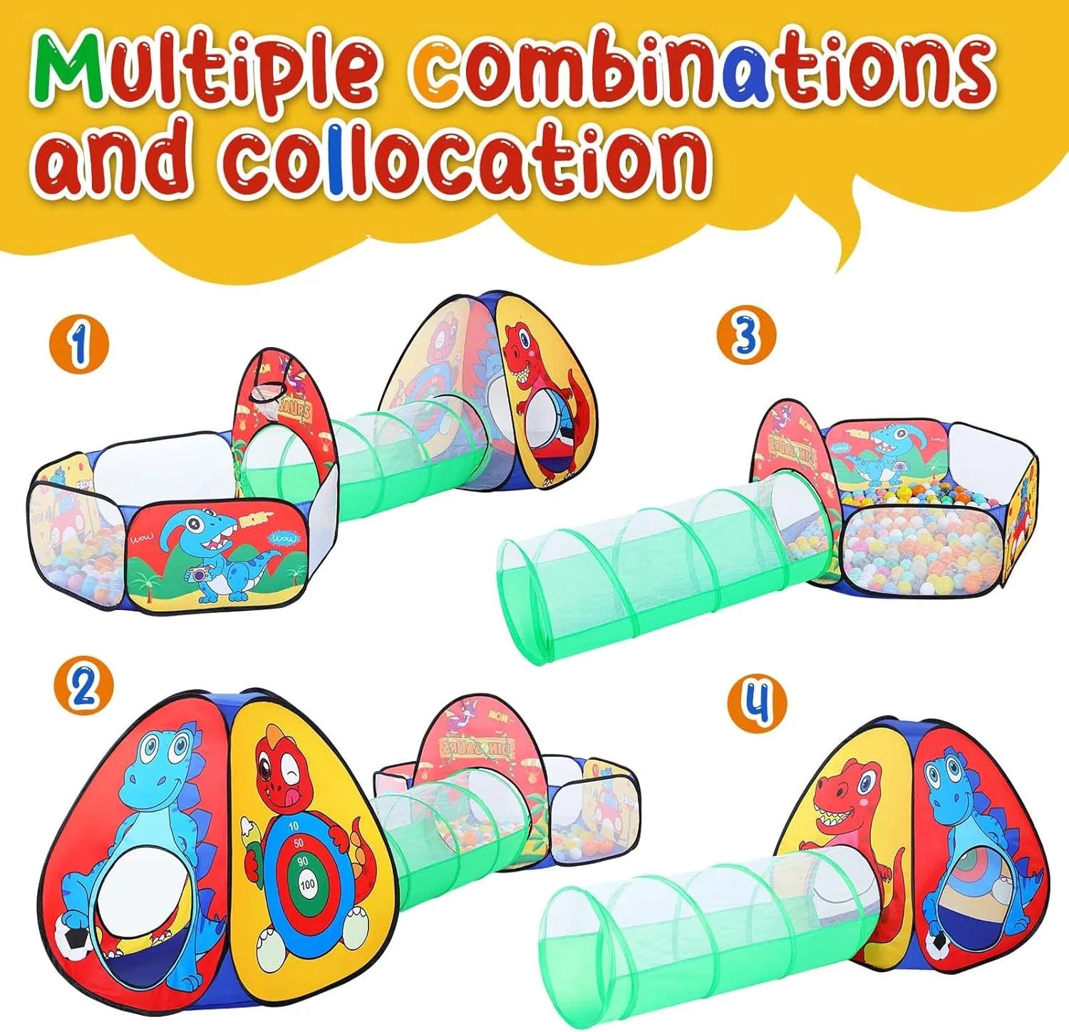 3 in 1 Dinosaur Kids Play Tent for Toddler with Baby Ball Pit and Play Tunnel, Children Indoor Outdoor Dinosaur Playhouse with Crawling Tunnel, Birthday Chiristmas Gifts Toys