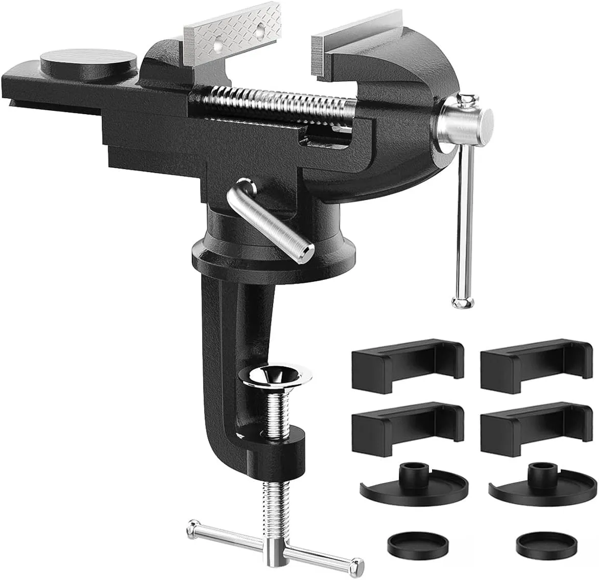 3 Inch Universal Swivel Base Table Vise, 360°Rotating Bench Clamp, Portable Repair Tool for Woodworking, Metalworking, Cutting Conduit, and Drilling - Black