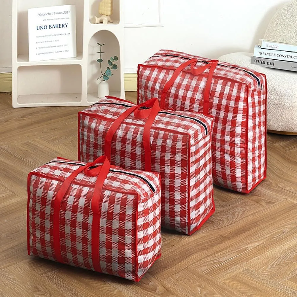 3 Pcs Moving Bag,Medium Large Extra Large Heavy Duty Storage Bag,Waterproof Dustproof Quilt Blankets Duffel Bag with Strong Handles & Zipper (02 Red)