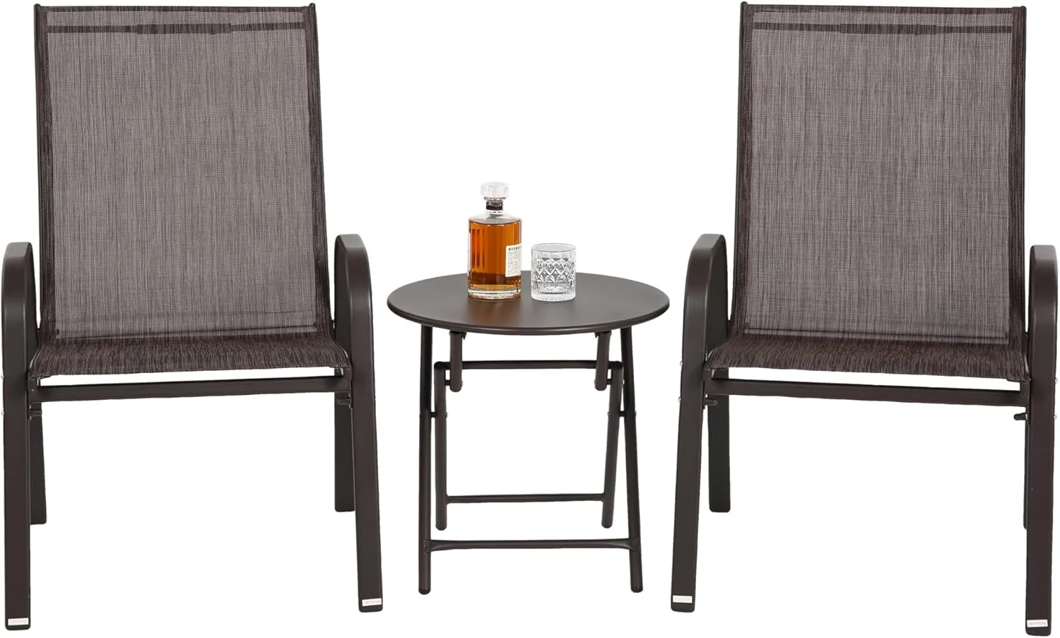 3 Pieces Outdoor Breathable Camping Chair Set, Sleek Garden Folding Steel Table & 2 High-back Armchairs, Modern Poolside Comfy Bistro Set with Lightweight Construction for Porch Backyard Deck, Brown