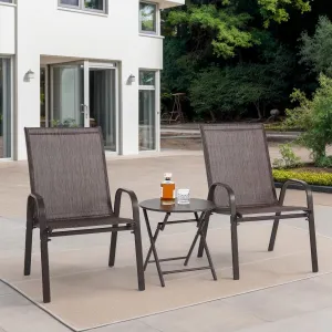 3 Pieces Outdoor Breathable Camping Chair Set, Sleek Garden Folding Steel Table & 2 High-back Armchairs, Modern Poolside Comfy Bistro Set with Lightweight Construction for Porch Backyard Deck, Brown