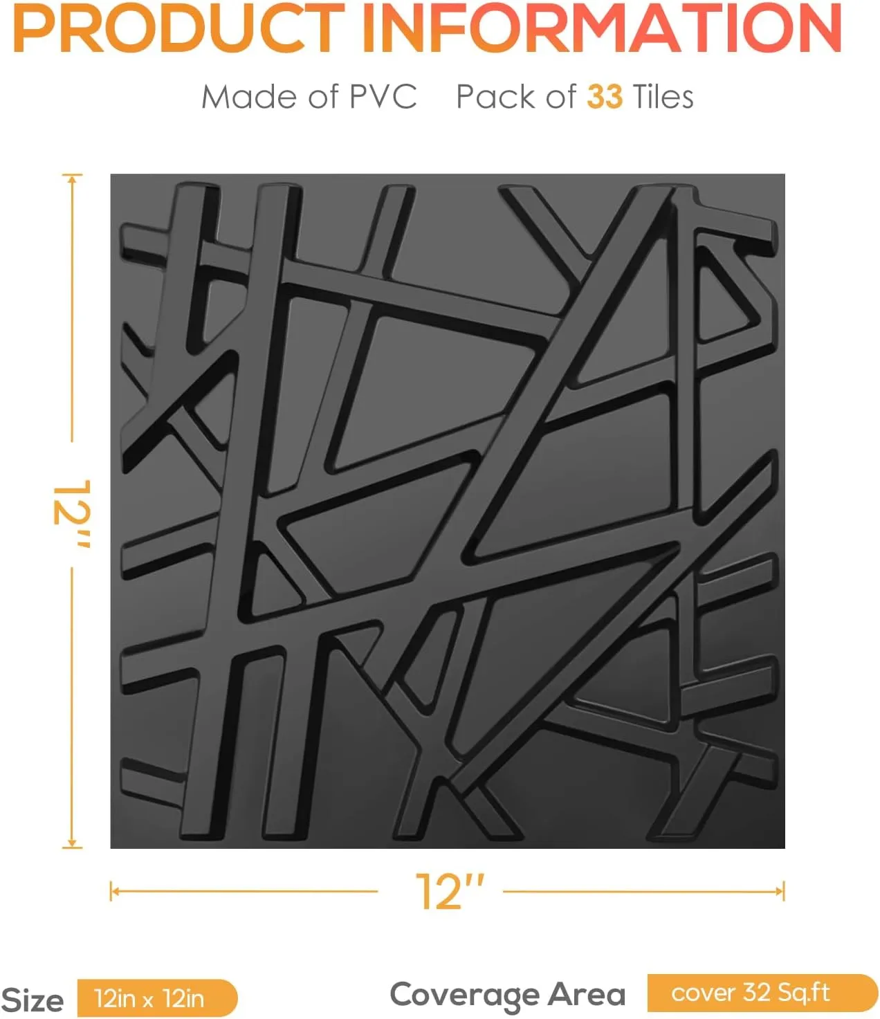 33 Pack 3D Wall Panels for Interior Wall Decor, 12''x12'' Black Accent Textured Wall Panels, Wall Covering Panles for Living Room, Gaming Room, TV Background, Cover 32 Sq.Ft