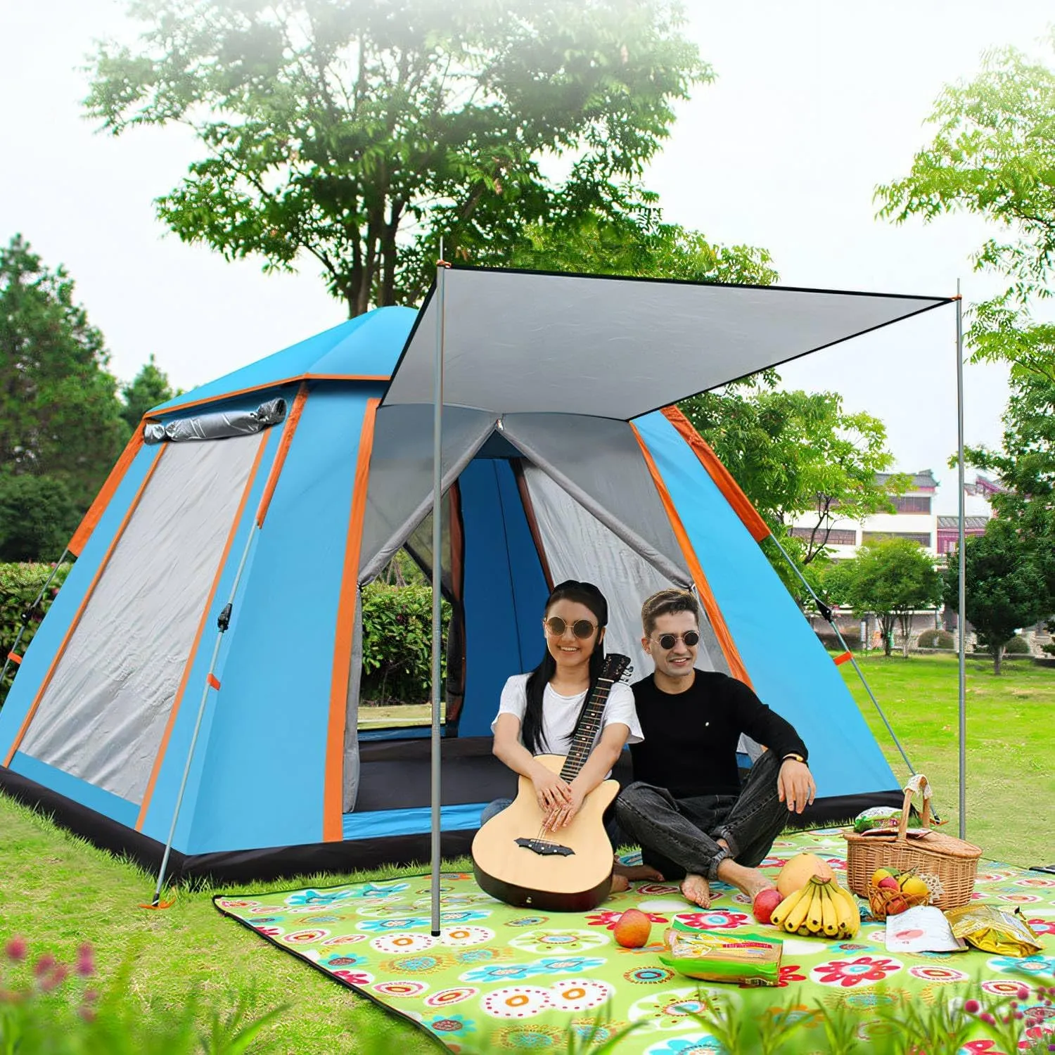 4-5 Person Camping Tent, Waterproof Family Dome Tent, Tent for 60 Seconds Set Up, Fit Camp Backpacking, Hiking Outdoor, Camping Dome Tent, Lightweight Portable Backpacking Tent - Blue