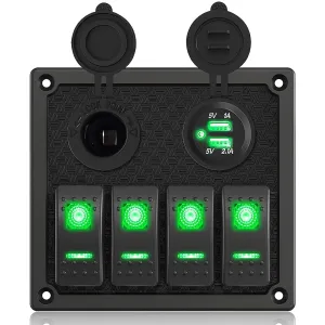 4 Gang Rocker Switch Panel, Multi-Function LED On-Off Switch with 3.1A Dual USB Charger, 12/24V Waterproof Marine Wired Toggle Switch Panel for Automotive Cars Marine Boats RVs (Green)