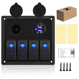 4 Gang Rocker Switch Panel - Multi-Function LED On-Off Switch with 3.1A Dual USB Charger, Waterproof Marine Switch Panel for Automotive Cars, Boats, RVs, SUVs