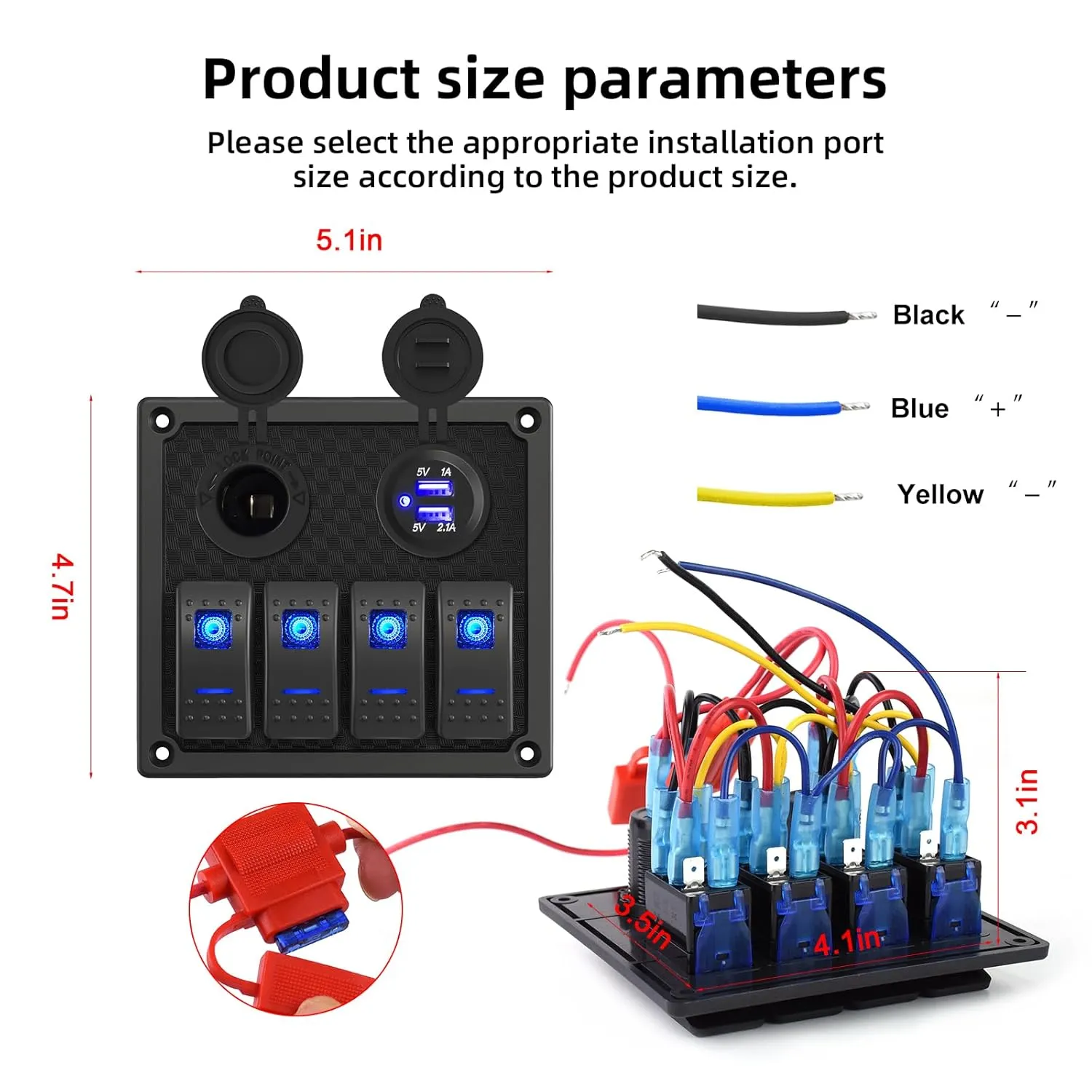 4 Gang Rocker Switch Panel - Multi-Function LED On-Off Switch with 3.1A Dual USB Charger, Waterproof Marine Switch Panel for Automotive Cars, Boats, RVs, SUVs