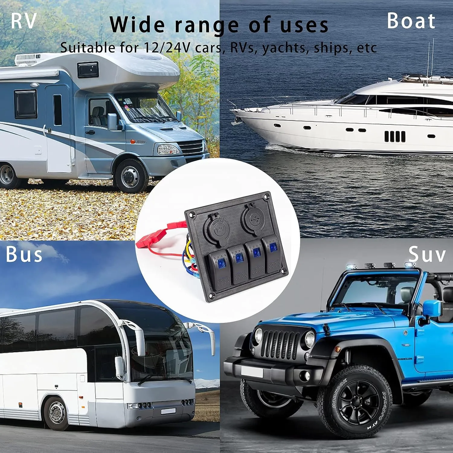 4 Gang Rocker Switch Panel - Multi-Function LED On-Off Switch with 3.1A Dual USB Charger, Waterproof Marine Switch Panel for Automotive Cars, Boats, RVs, SUVs