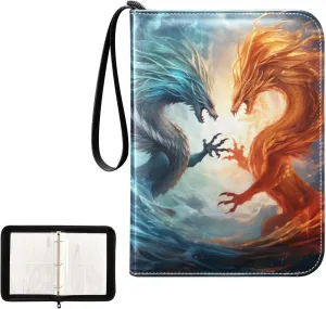 4 Pockets Trading Card Album Holder Book Folder Sports Card Binder Dragon Fire Ice 400 Double Side Pockets for 3 Ring Binder Zipper