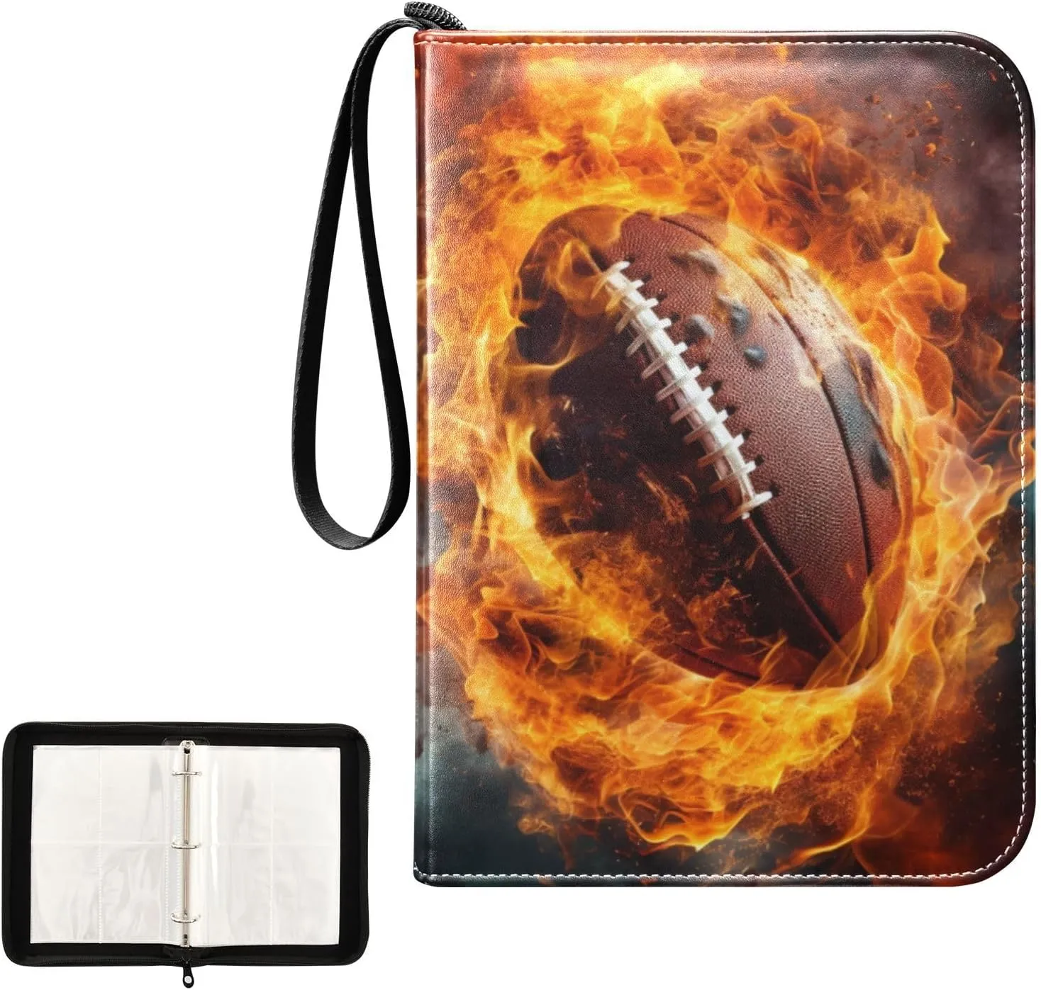 4 Pockets Trading Card Album Holder Book Folder Sports Card Binder Rugby Football Fire 400 Double Side Pockets for 3 Ring Binder Zipper