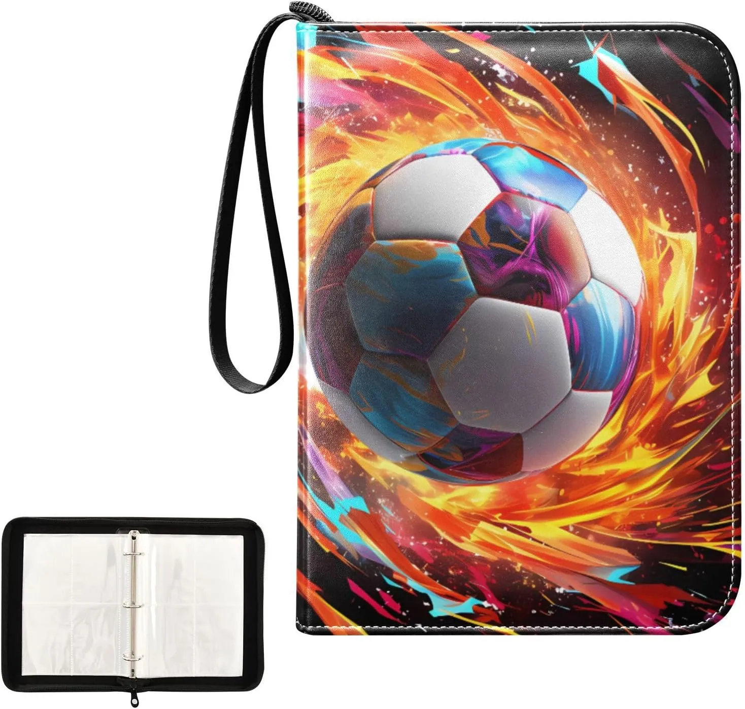 4 Pockets Trading Card Album Holder Book Folder Sports Card Binder Soccer Football Fire 400 Double Side Pockets for 3 Ring Binder Zipper