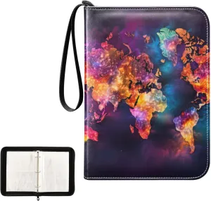 4 Pockets Trading Card Album Holder Book Folder Sports Card Binder World Map Fire 400 Double Side Pockets for 3 Ring Binder Zipper