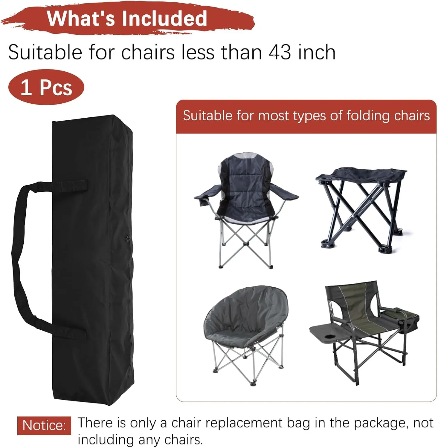 43IN Camp Chair Replacement Bag [1PCS] - 600D Oxford Folding Chair Carrying Storage Bag with Shoulder Strap Use for Camping & Travel [Black, 10INx10IN WxH]