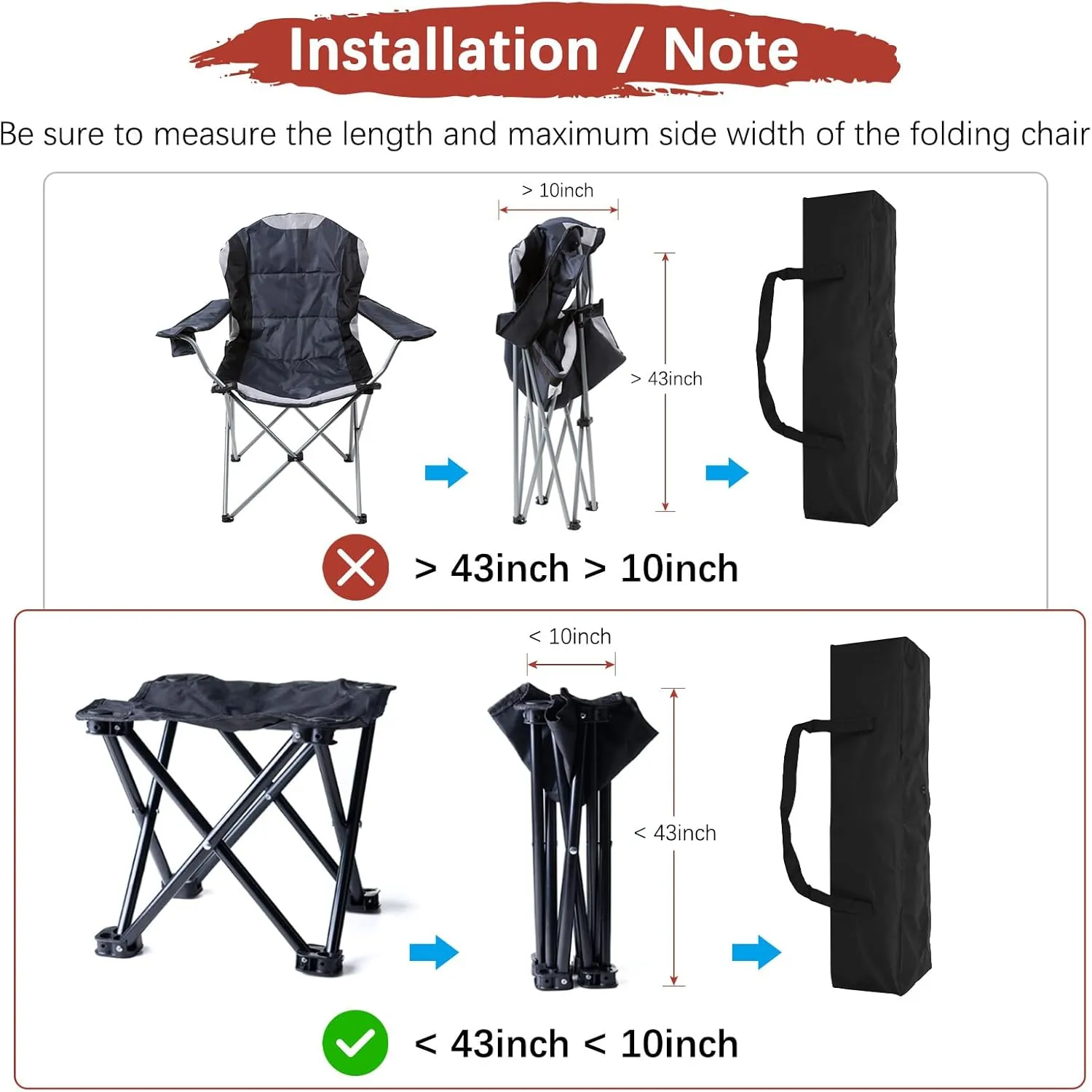 43IN Camp Chair Replacement Bag [1PCS] - 600D Oxford Folding Chair Carrying Storage Bag with Shoulder Strap Use for Camping & Travel [Black, 10INx10IN WxH]