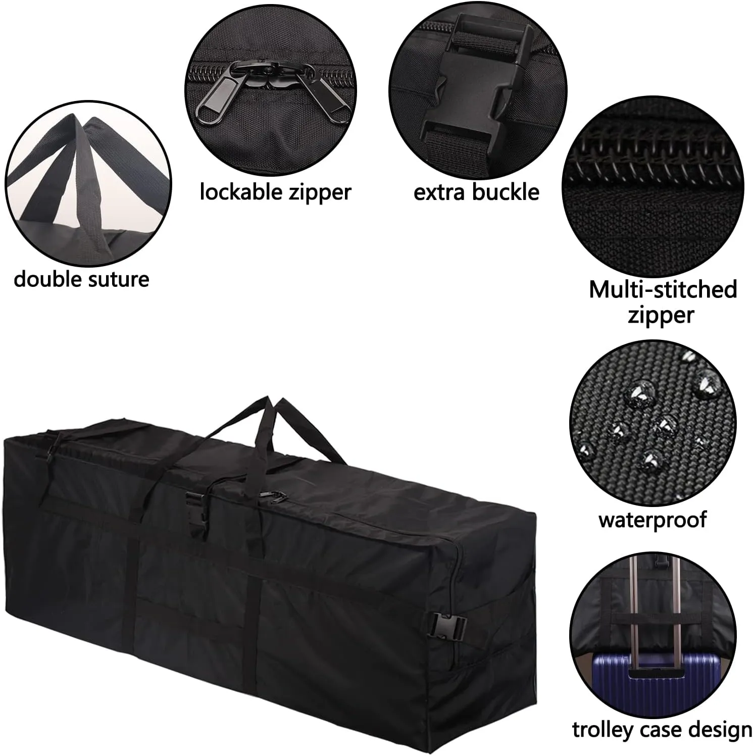 43" Sports Duffle Bag, RicoRich 150L Extra Large Travel Duffel Luggage Bag with Upgrade Zipper, Durable & Water Resistant for Camping Tent Fishing Beach tote (Black)