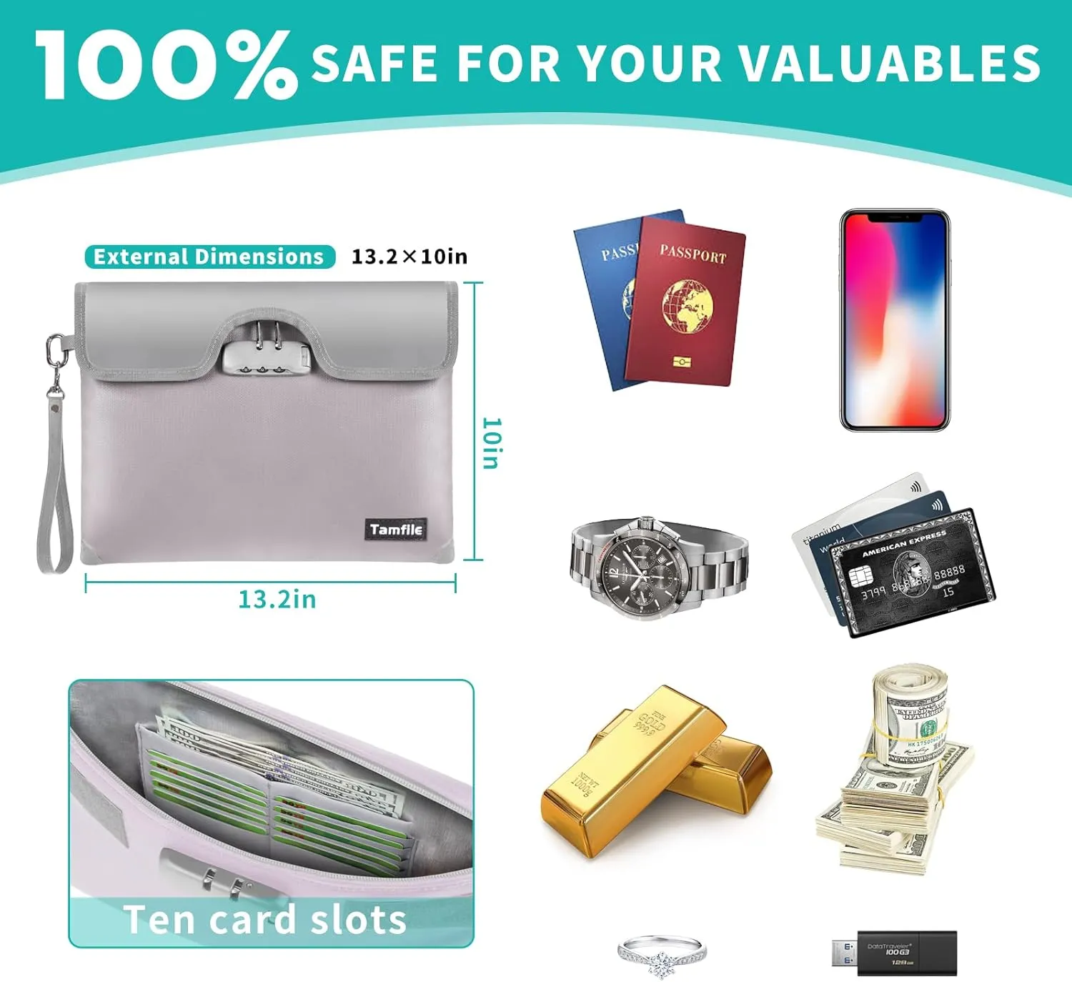 5200F Fireproof Money Bag with Lock, Waterproof Document Bag with Zipper, 8 Layers Fire Insulation, Safe Storage Pouch for Cash, Passport, Certificate (10" x 13", Silver)