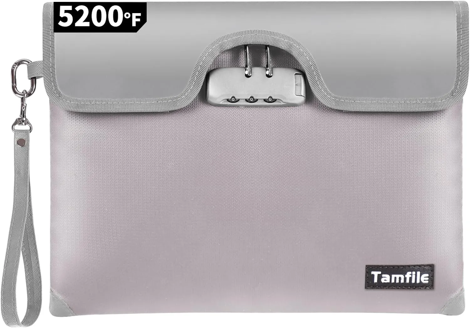 5200F Fireproof Money Bag with Lock, Waterproof Document Bag with Zipper, 8 Layers Fire Insulation, Safe Storage Pouch for Cash, Passport, Certificate (10" x 13", Silver)