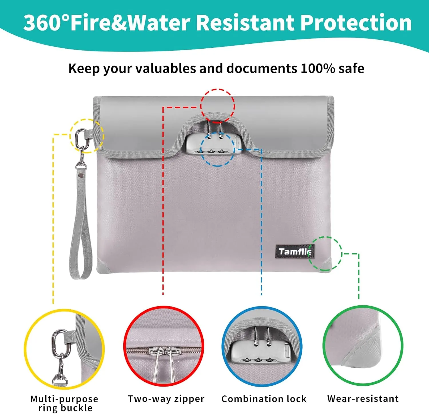 5200F Fireproof Money Bag with Lock, Waterproof Document Bag with Zipper, 8 Layers Fire Insulation, Safe Storage Pouch for Cash, Passport, Certificate (10" x 13", Silver)