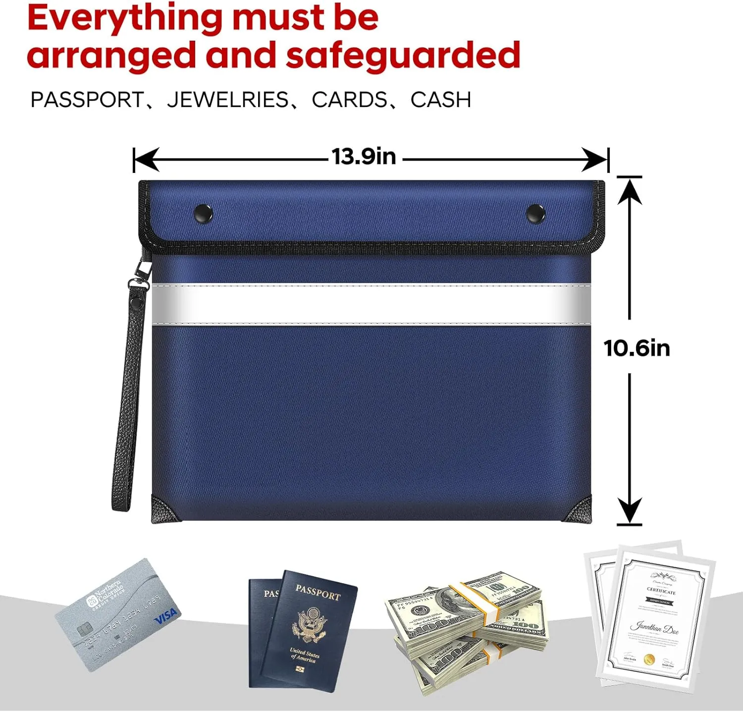 5200°F Heat Insulated Fireproof Document Bag with Zipper,13.9”x10.6” Water Fire Proof Pouch with Reflective Strip,8 Layers of Protective Materials Fireproof Money Bag for Cash,Jewelry(Blue)