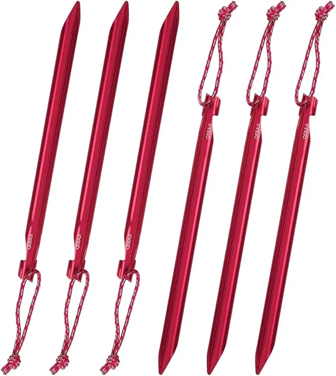 6 Pieces Tent Stakes Heavy Duty Camping Stakes, QEBAJI 7.5 inch Rust-Free Metal Tent pegs Ground Stakes Tent pegs Camping，6pack Red