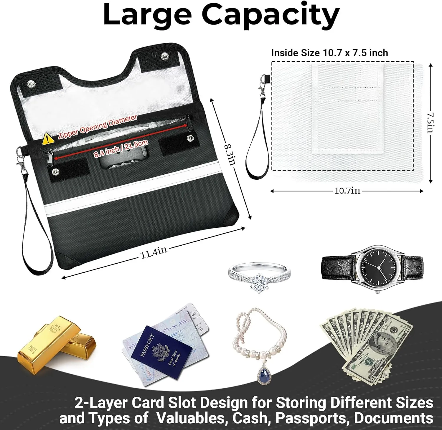 6200°F Fireproof Document Bag with Lock, 11.4 x 8.3 Inch Fire Proof Bag for Documents with Zipper, Water Resistant Envelope with Reflective Strip, Fireproof Money Pouch Black