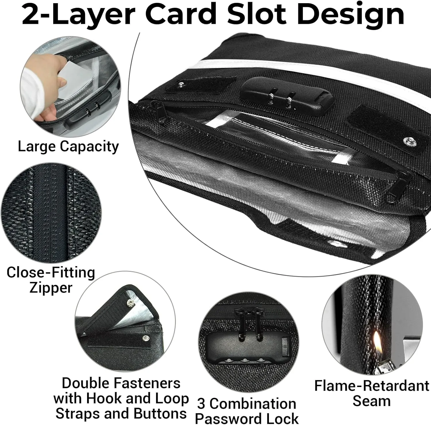 6200°F Fireproof Document Bag with Lock, 11.4 x 8.3 Inch Fire Proof Bag for Documents with Zipper, Water Resistant Envelope with Reflective Strip, Fireproof Money Pouch Black
