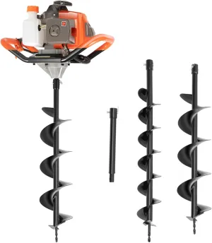 71CC 2.3KW Gas Powered Post Hole Digger, 2-Stroke Air Cooled Petrol Earth Auger Garden Fence Post Digger Hole Borer Post Auger with 3pcs Auger Drills Bits (4"/6"/8" Bits) and 12" Extension Bar